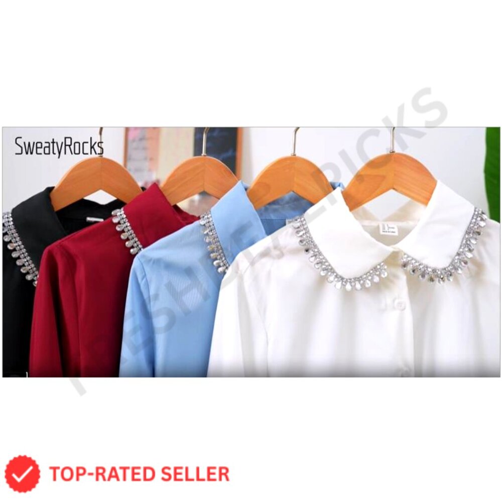 Rhinestone Collared Button Down Blouse Long Sleev… - image 7